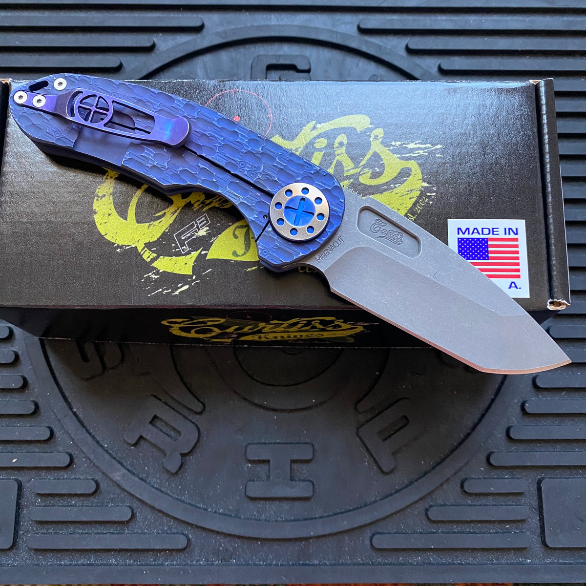 Curtiss Custom F3 Medium SLIM 3.25" Spanto NON-Flipper, FJ-Mill Blue ANO, Blasted Magnacut Folding Knife