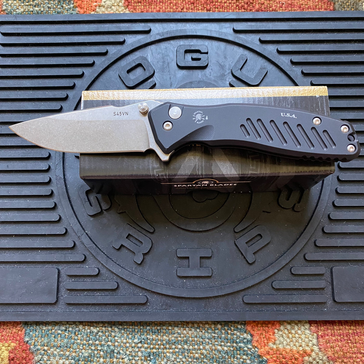 Spartan Blades SF3SW PALLAS Flipper 3.75" S35VN Stonewashed Plain Blade, Black Aluminum Handles