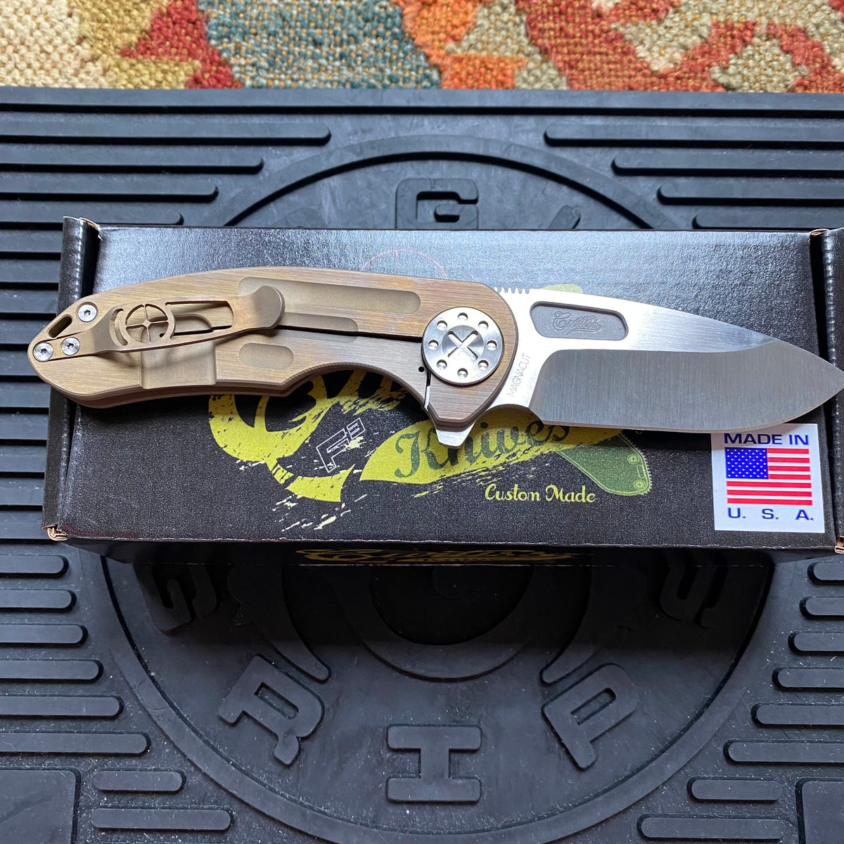 Curtiss Custom F3 Medium 3" Slicer Flipper, Bronze Titanium Ball-Mill, Stonewash Magnacut Folding Knife