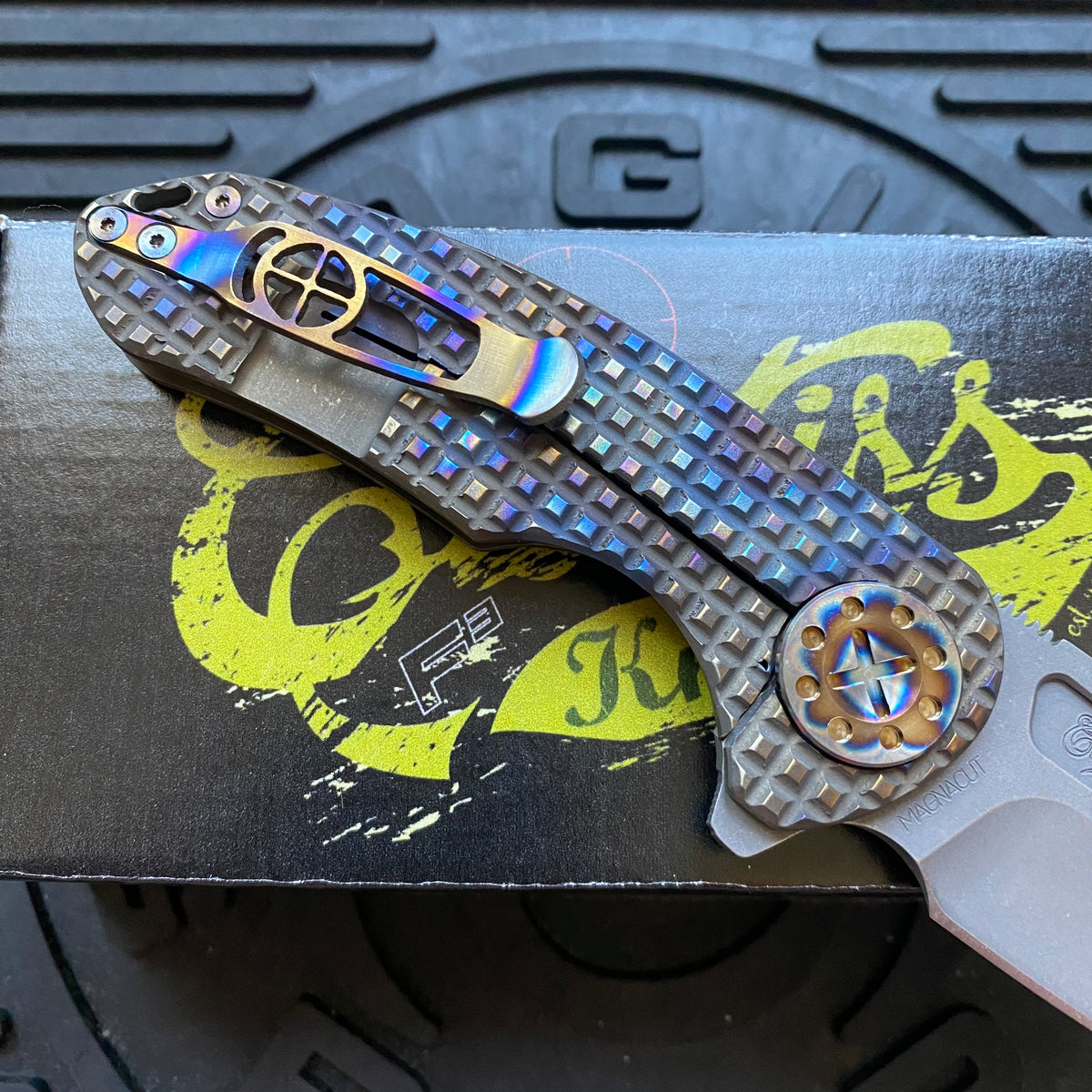 Curtiss Custom F3 Medium 3.25" Wharny Flipper, Frag-Mill Titanium Torched Handles, Blasted Magnacut, Torched Hardware Folding Knife