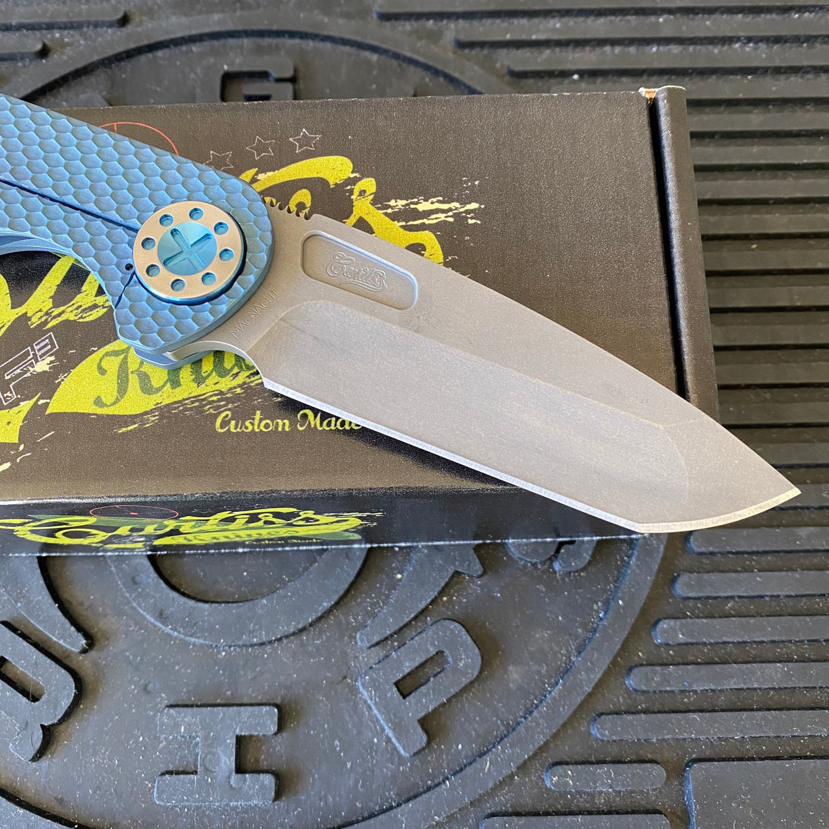 Curtiss Custom F3 Large 3.75" Spanto, Non-Flipper, Titanium Blue Blasted Dragon Scales Handles, Blue Polished Hardware, Magnacut Knife