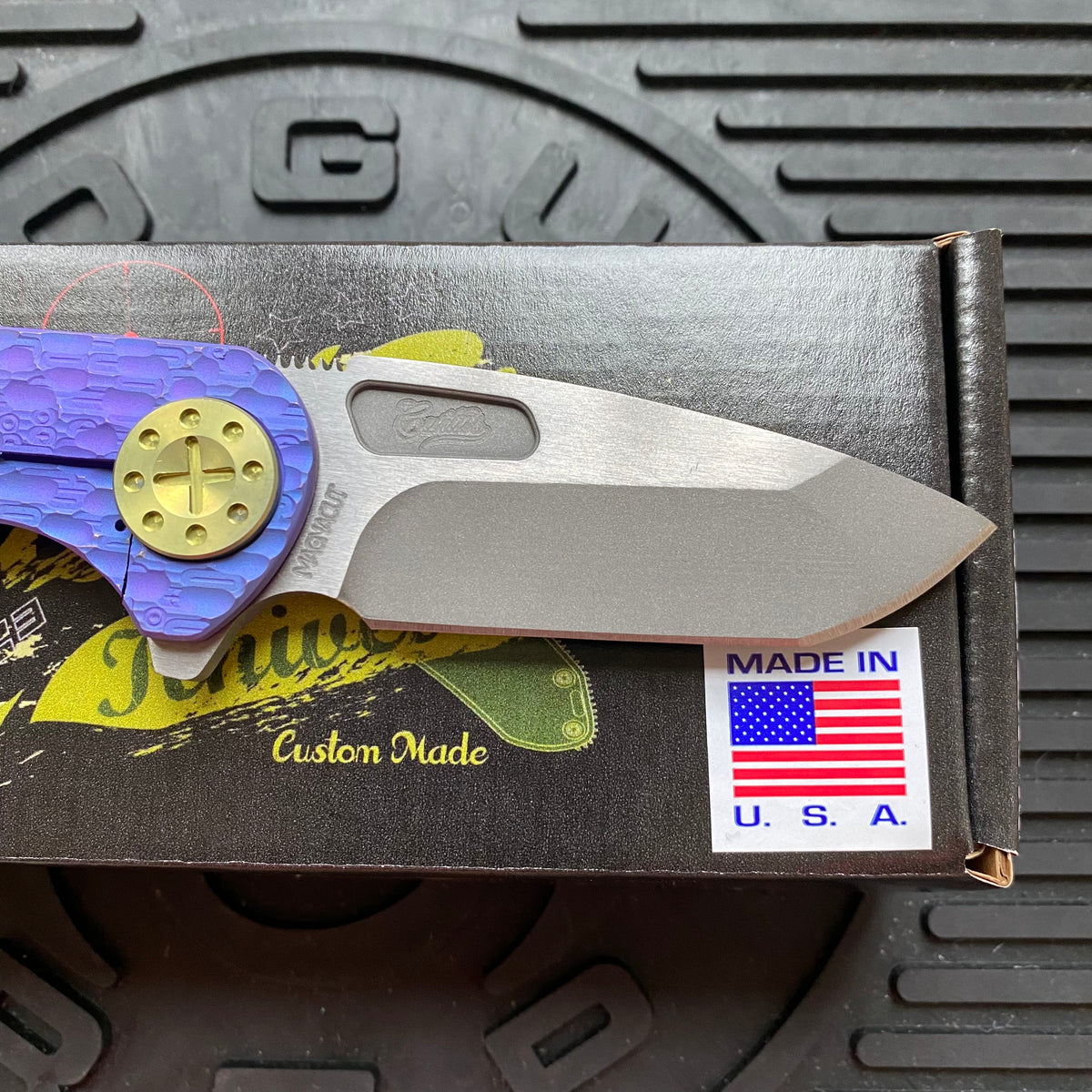 Curtiss Custom F3 Medium 3" Spanto Flipper, Purple Titanium FJ-Mill "Dragon Scale", Stonewash Magnacut, Yellow Titanium Hardware Folding Knife