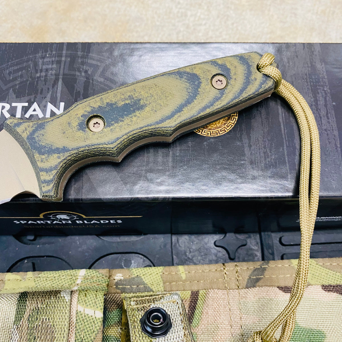 Spartan Blades Harsey Tactical Trout Flat Dark Earth Camo Handles 4.5" Fixed Blade Knife with Multicam Molle Sheath SB43DECMNLMC