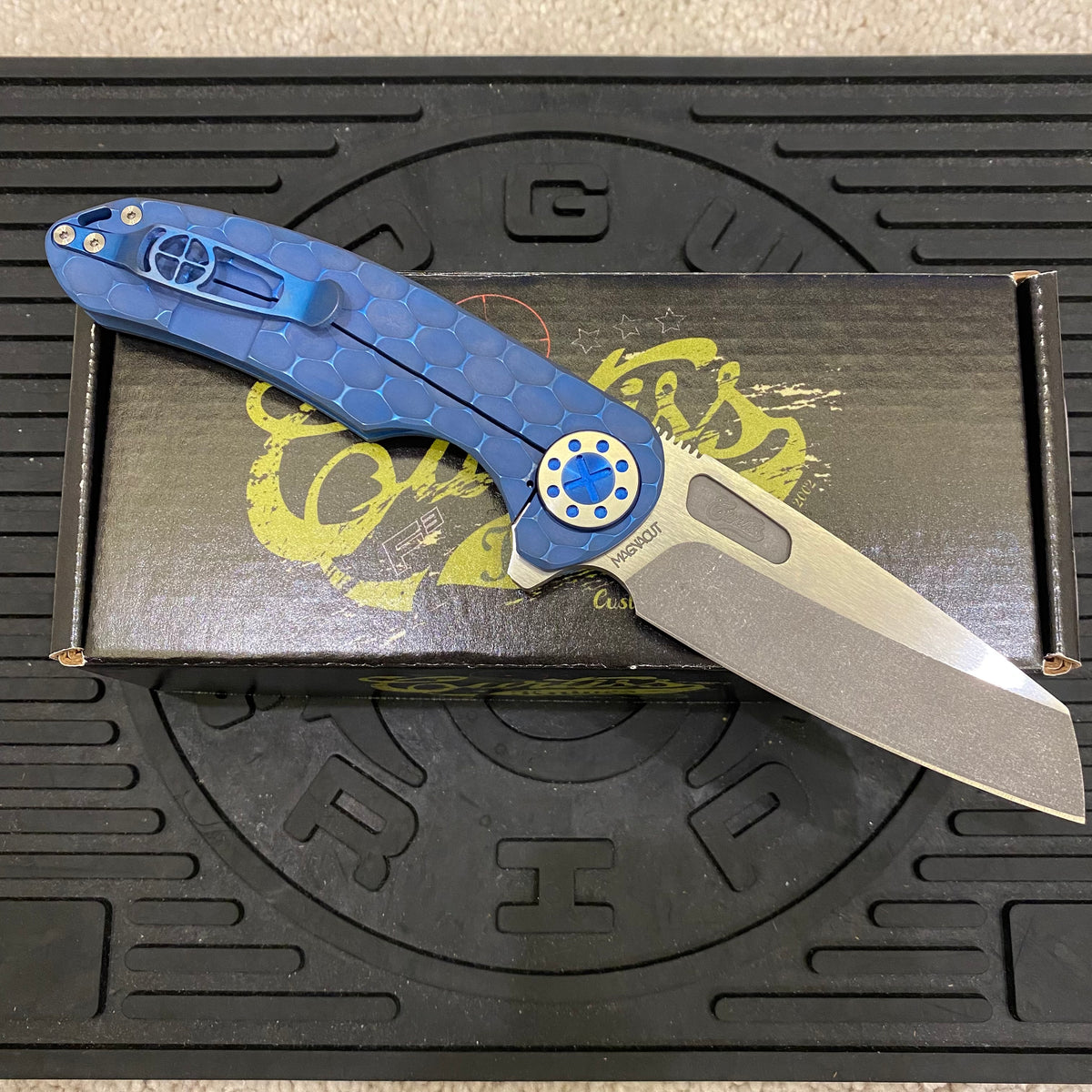 Curtiss Custom F3 Large 3.75" Wharny, Flipper, Titanium Blue PM-Mill Handles, Blue Polished Hardware, Magnacut Knife