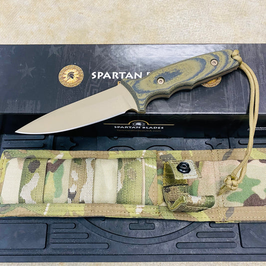Spartan Blades Harsey Tactical Trout Flat Dark Earth Camo Handles 4.5" Fixed Blade Knife with Multicam Molle Sheath SB43DECMNLMC