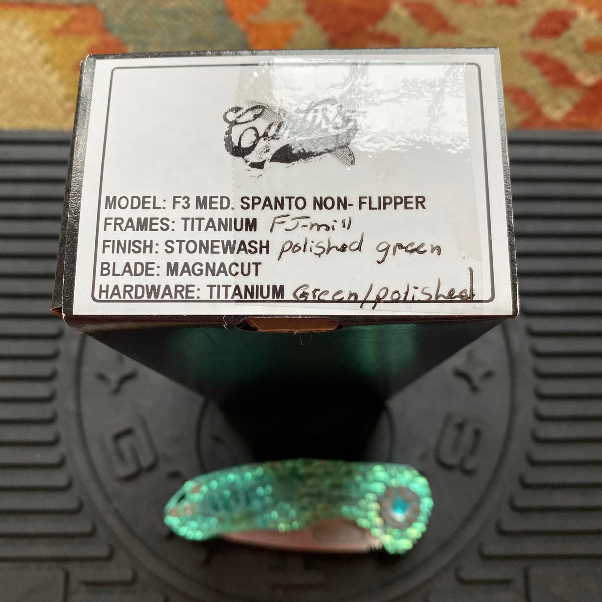 Curtiss Custom F3 Medium 3" Spanto NON-Flipper, Polished Green Titanium FJ-Mill "Dragon Scale", Stonewash Magnacut Folding Knife