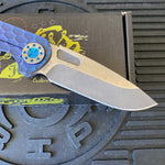 Curtiss Custom F3 Large 3.75" Slicer, Non-Flipper, Titanium Blue PM-Mill Handles, Blue Polished Hardware, Magnacut Knife