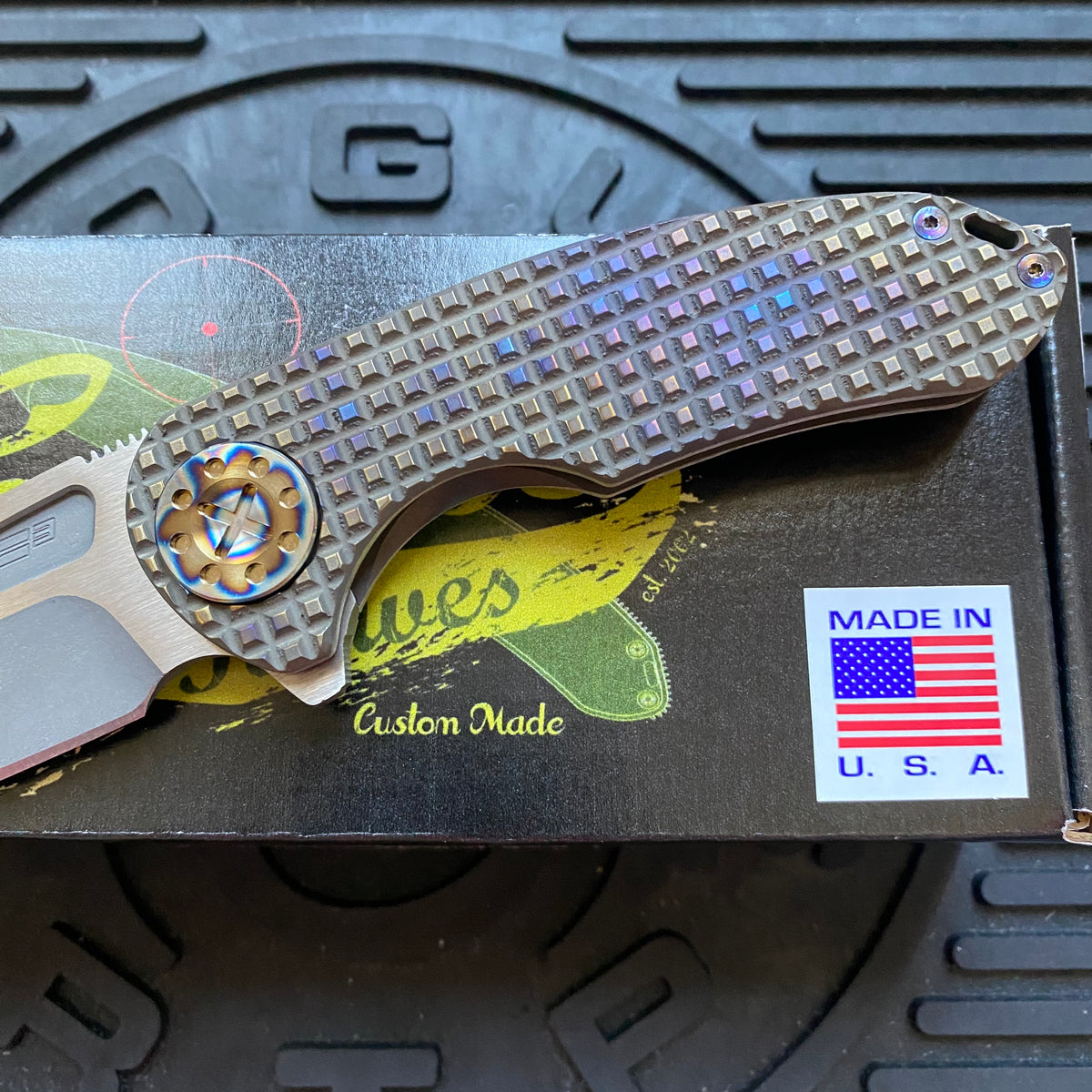 Curtiss Custom F3 Medium 3.25" Spanto Flipper, Frag-Mill Titanium Torched Handles, 2 Tone Magnacut, Torched Hardware Folding Knife