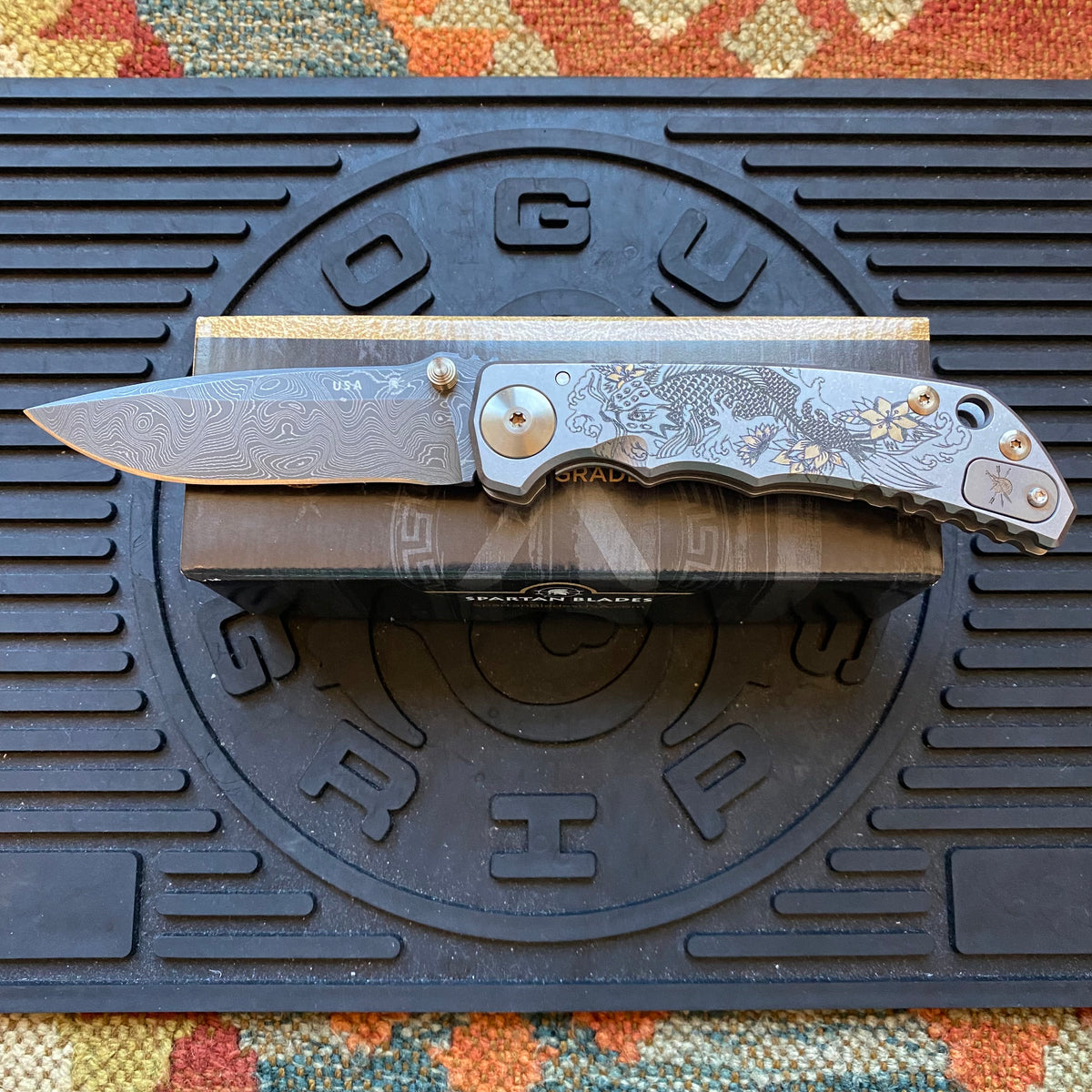 Spartan Blades SF5 KOI FISH Damascus SHF Koi Fish Harsey Folding Knife 3.95" Damascus Blade, Titanium Handles