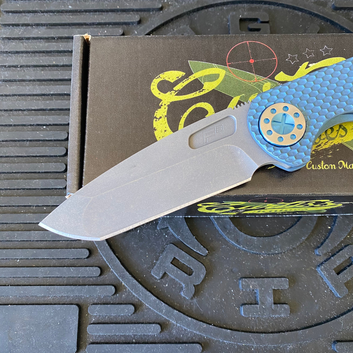 Curtiss Custom F3 Large 3.75" Spanto, Non-Flipper, Titanium Blue Blasted Dragon Scales Handles, Blue Polished Hardware, Magnacut Knife