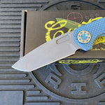 Curtiss Custom F3 Large 3.75" Spanto, Non-Flipper, Titanium Blue Blasted Dragon Scales Handles, Blue Polished Hardware, Magnacut Knife