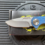 Curtiss Custom F3 Medium 3" Slicer Flipper, Blue Titanium FJ-Mill "Dragon Scale", Stonewash Magnacut Folding Knife