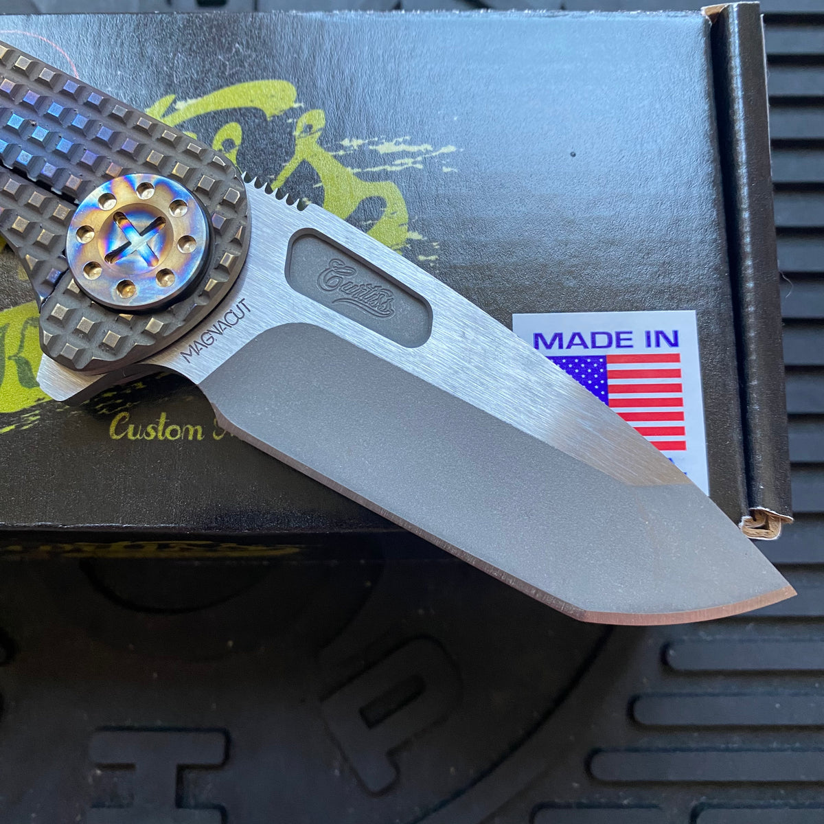 Curtiss Custom F3 Medium 3.25" Spanto Flipper, Frag-Mill Titanium Torched Handles, 2 Tone Magnacut, Torched Hardware Folding Knife