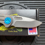 Curtiss Custom F3 Medium 3" Slicer NON-Flipper, Titanium Ball-Mill Pattern Handles, Stonewash Magnacut, Blue Hardware Folding Knife