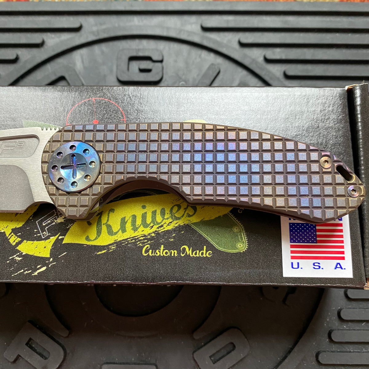 Curtiss Custom F3 Medium 3" Slicer NON-Flipper, Fragmill Titanium Torched Handles, Stonewash Magnacut Torched Hardware Folding Knife
