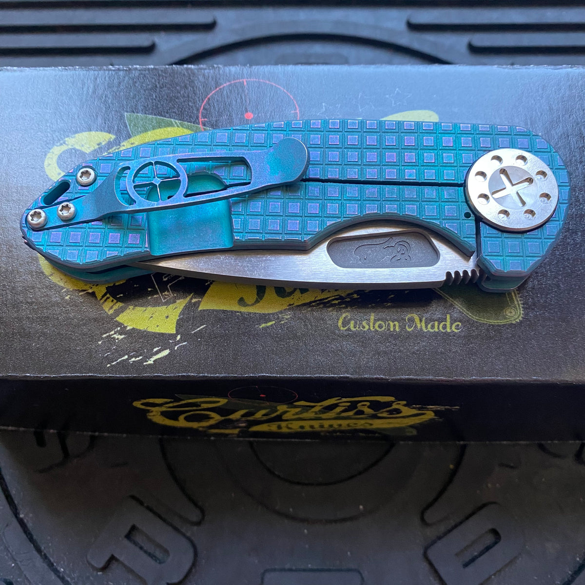 Curtiss Custom F3 Medium 3.25" Slicer NON-Flipper, Frag-Mill Aqua Purple, 2 Tone Stonewash Magnacut Folding Knife