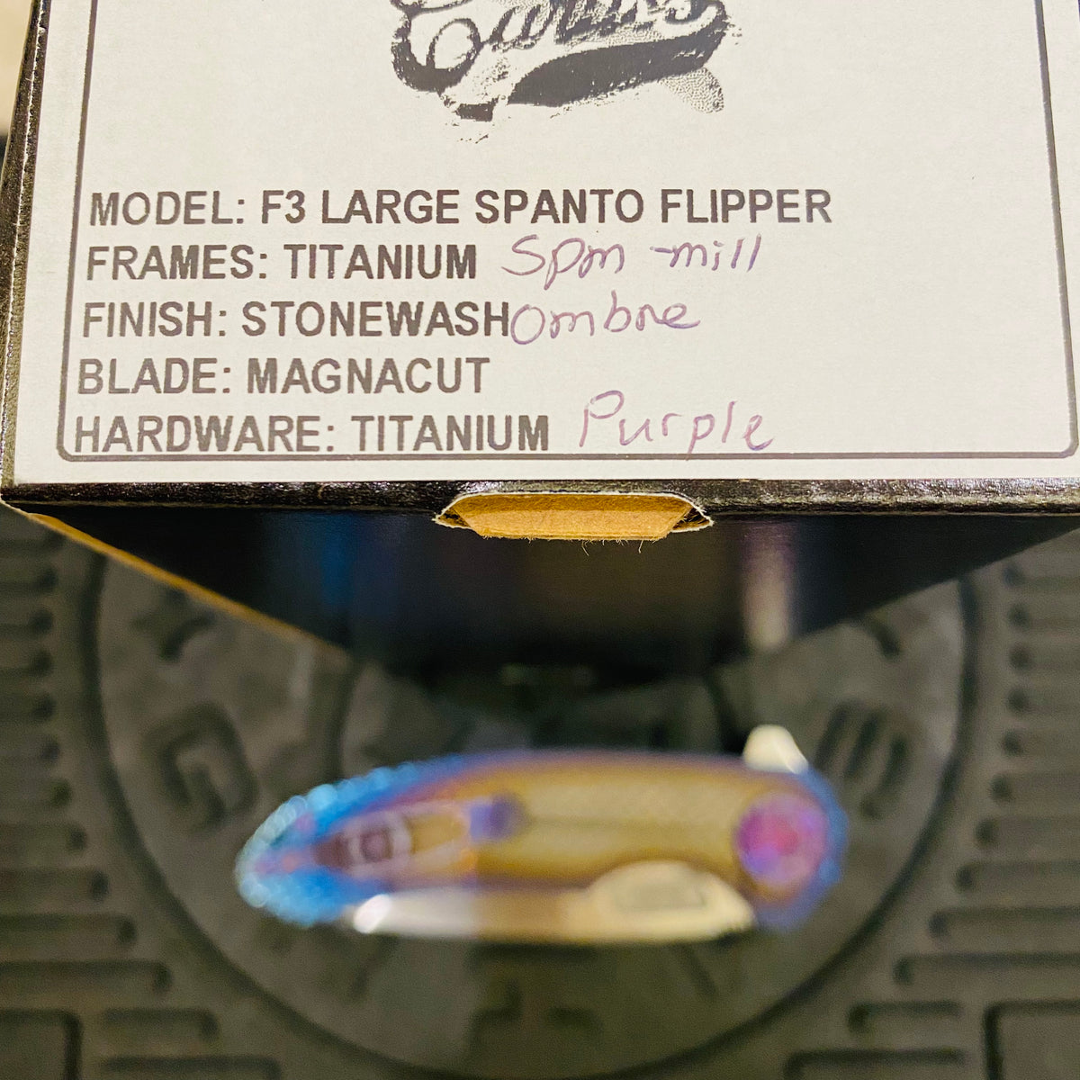 Curtiss Custom F3 Large 3.75" Spanto, Flipper, Titanium Ombre SPM-Mill Handles, Purple Hardware, Magnacut Knife