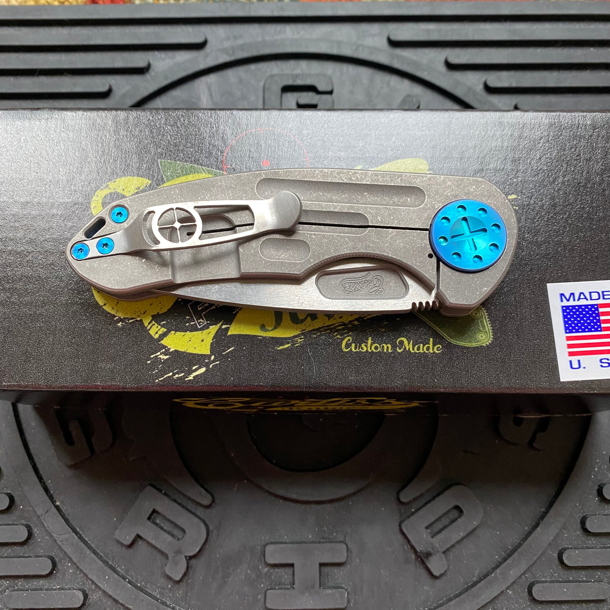 Curtiss Custom F3 Medium 3" Slicer NON-Flipper, Titanium Ball-Mill Pattern Handles, Stonewash Magnacut, Blue Hardware Folding Knife