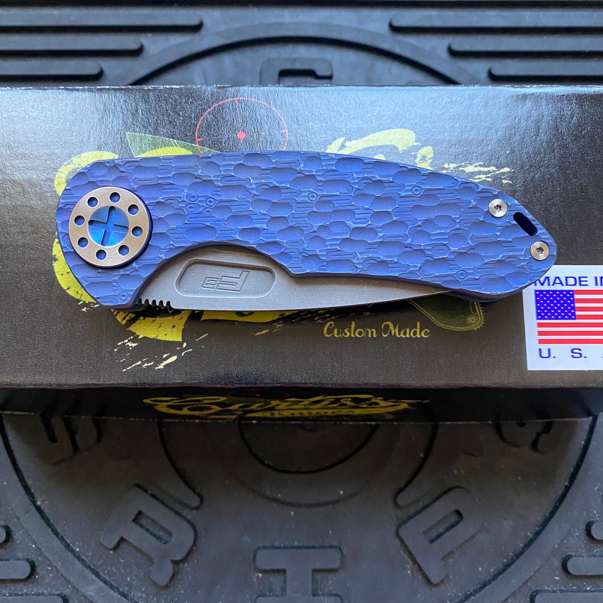 Curtiss Custom F3 Medium SLIM 3.25" Spanto NON-Flipper, FJ-Mill Blue ANO, Blasted Magnacut Folding Knife