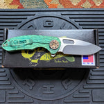 Curtiss Custom F3 Medium 3" Slicer Flipper, Green Titanium FJ-Mill "Dragon Scale", Stonewash Magnacut Folding Knife