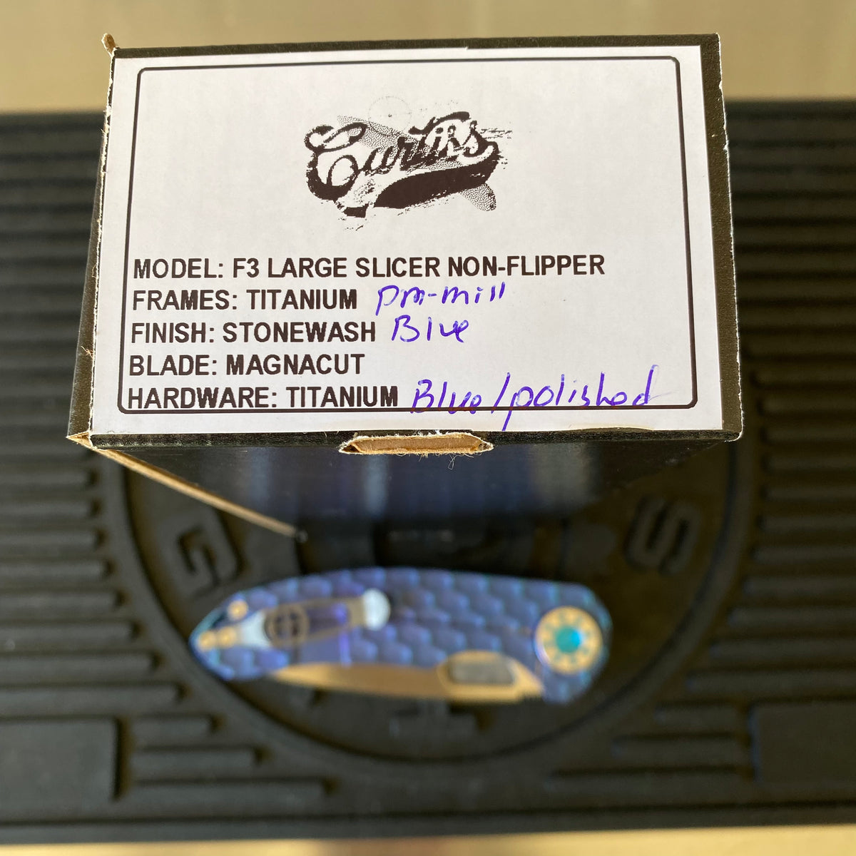 Curtiss Custom F3 Large 3.75" Slicer, Non-Flipper, Titanium Blue PM-Mill Handles, Blue Polished Hardware, Magnacut Knife