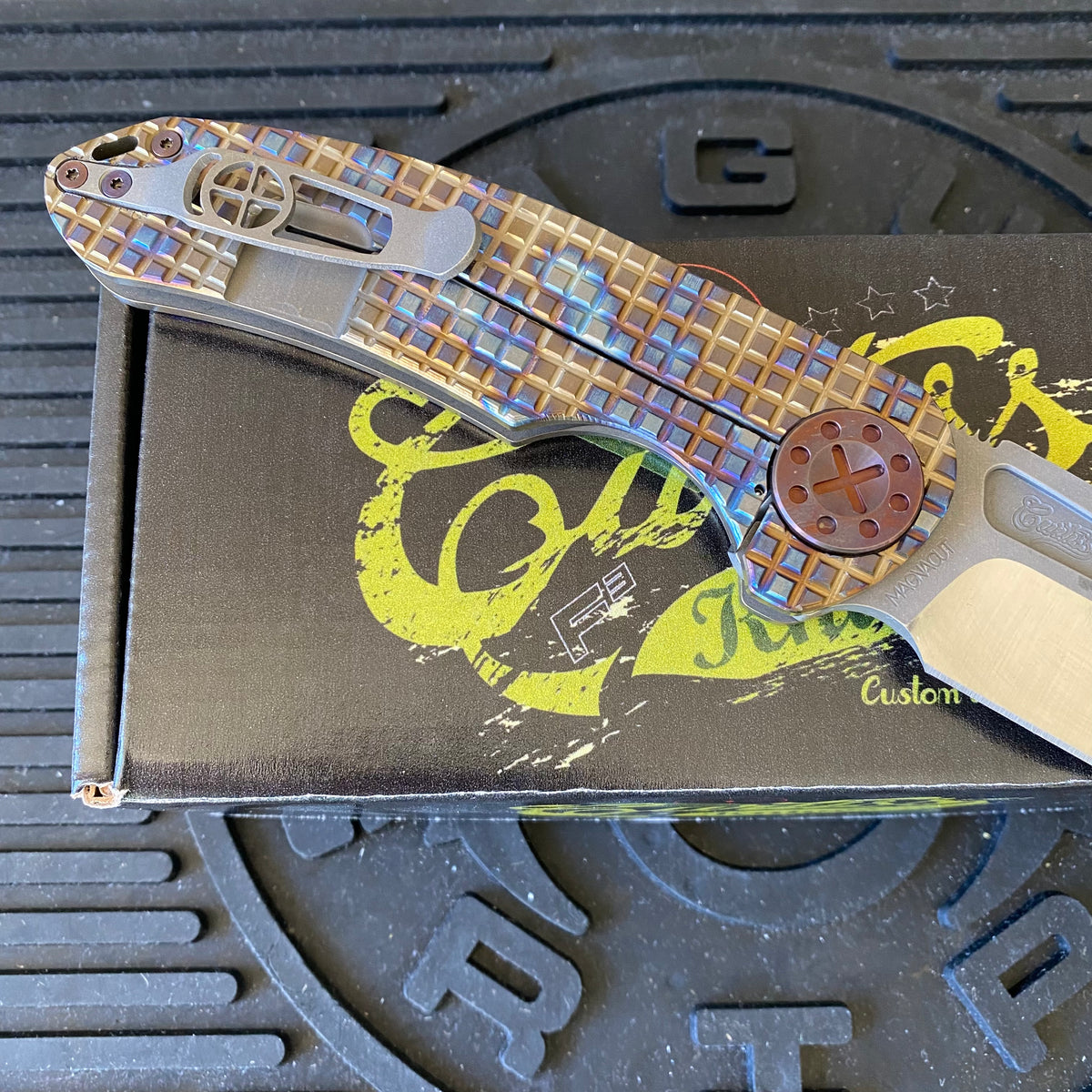 Curtiss Custom F3 Large 3.75" Slicer, Non-Flipper, Titanium Frag Mill Handles, Root Beer Hardware, Magnacut Knife