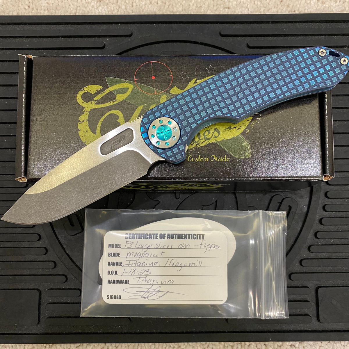 Curtiss Custom F3 Large 3.75" Slicer, Non-Flipper, Titanium Blue Frag Mill Handles, Green Polished Hardware, Magnacut Knife