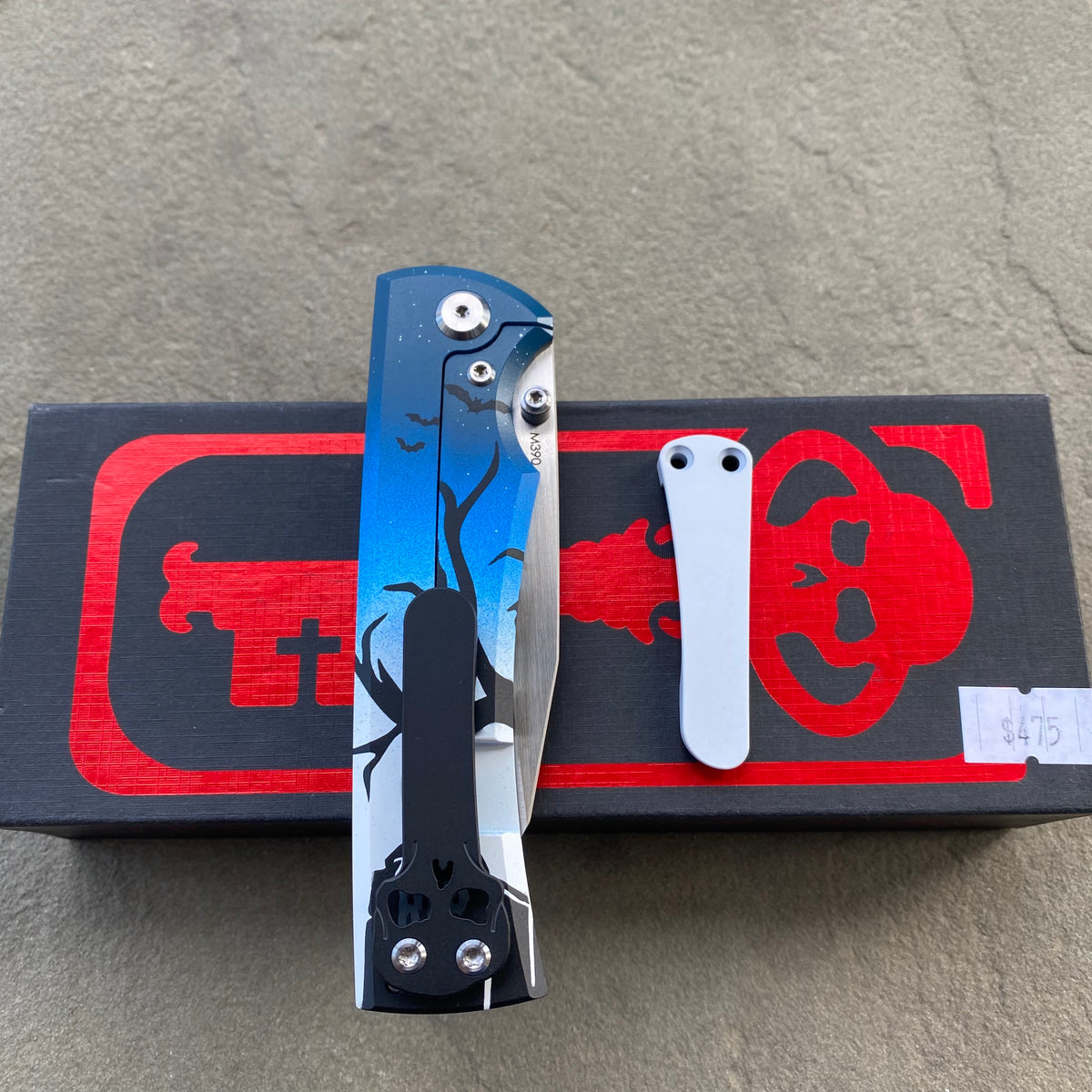 Chaves Sangre 229 Wharncliffe HAUNTED HOUSE HALLOWEEN THEME Stonewash Ti Belt Finish 3.7" Folding Knife