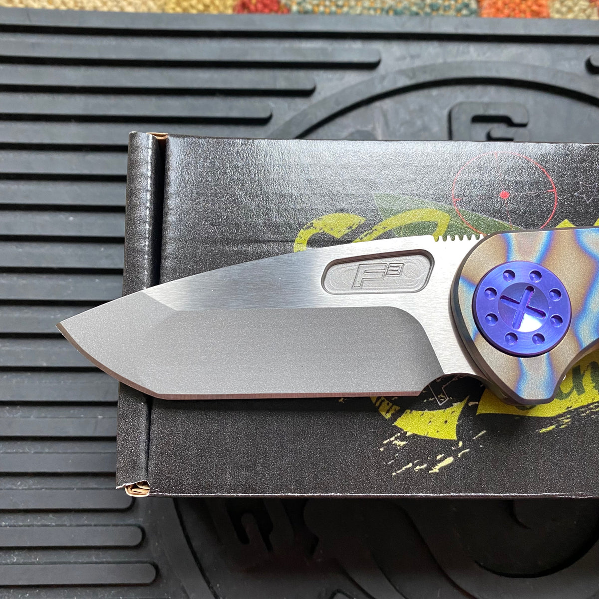Curtiss Custom F3 Medium 3" Spanto NON-Flipper,Titanium Torched Tiger Striped Handles, Stonewash Magnacut Purple Hardware Folding Knife