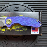 Curtiss Custom F3 Medium 3" Spanto Flipper, Purple Titanium FJ-Mill "Dragon Scale", Stonewash Magnacut, Yellow Titanium Hardware Folding Knife