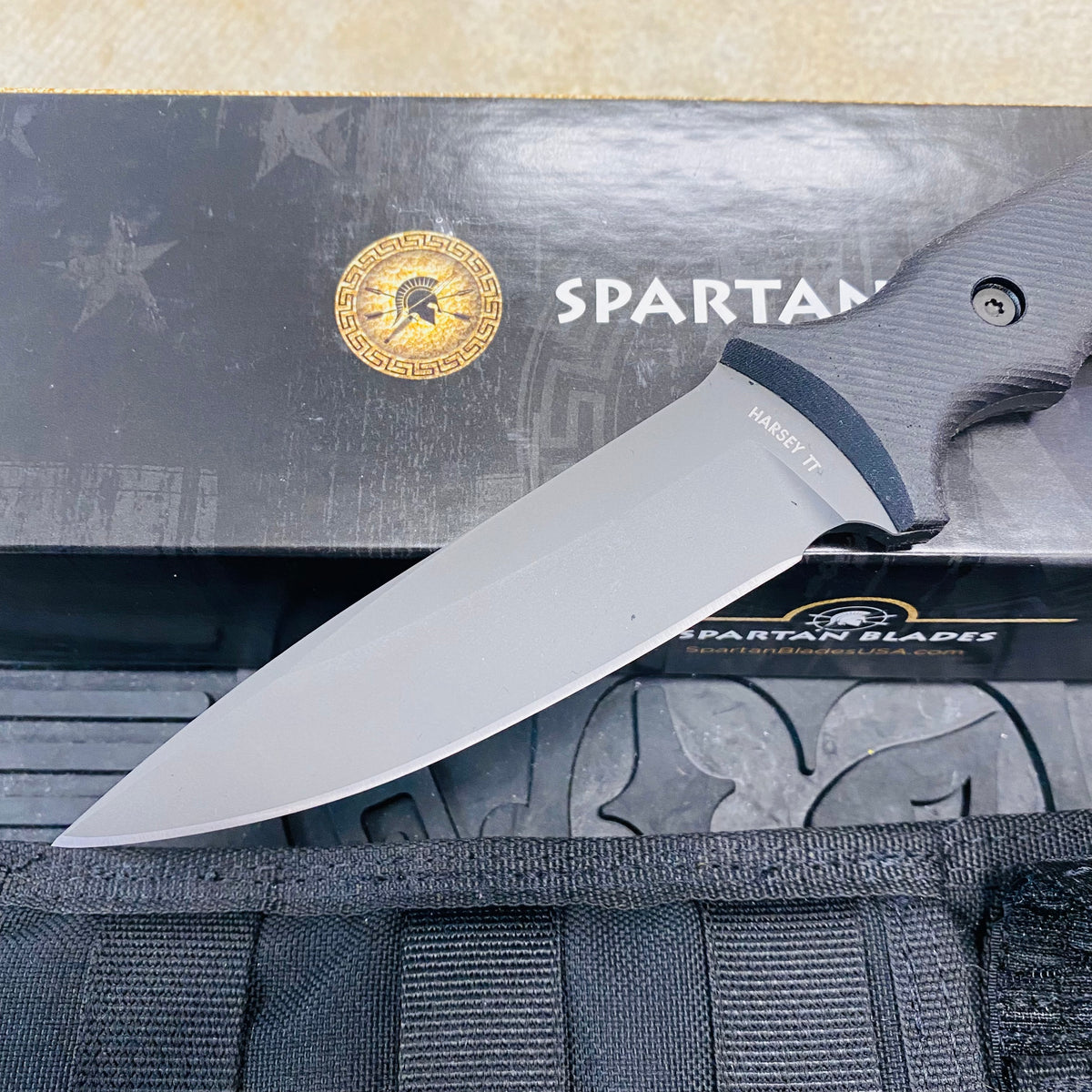 Spartan Blades Harsey Tactical Trout Black Handles 4.5" Fixed Blade Knife with Black Molle Sheath SB43BKBKNLBK