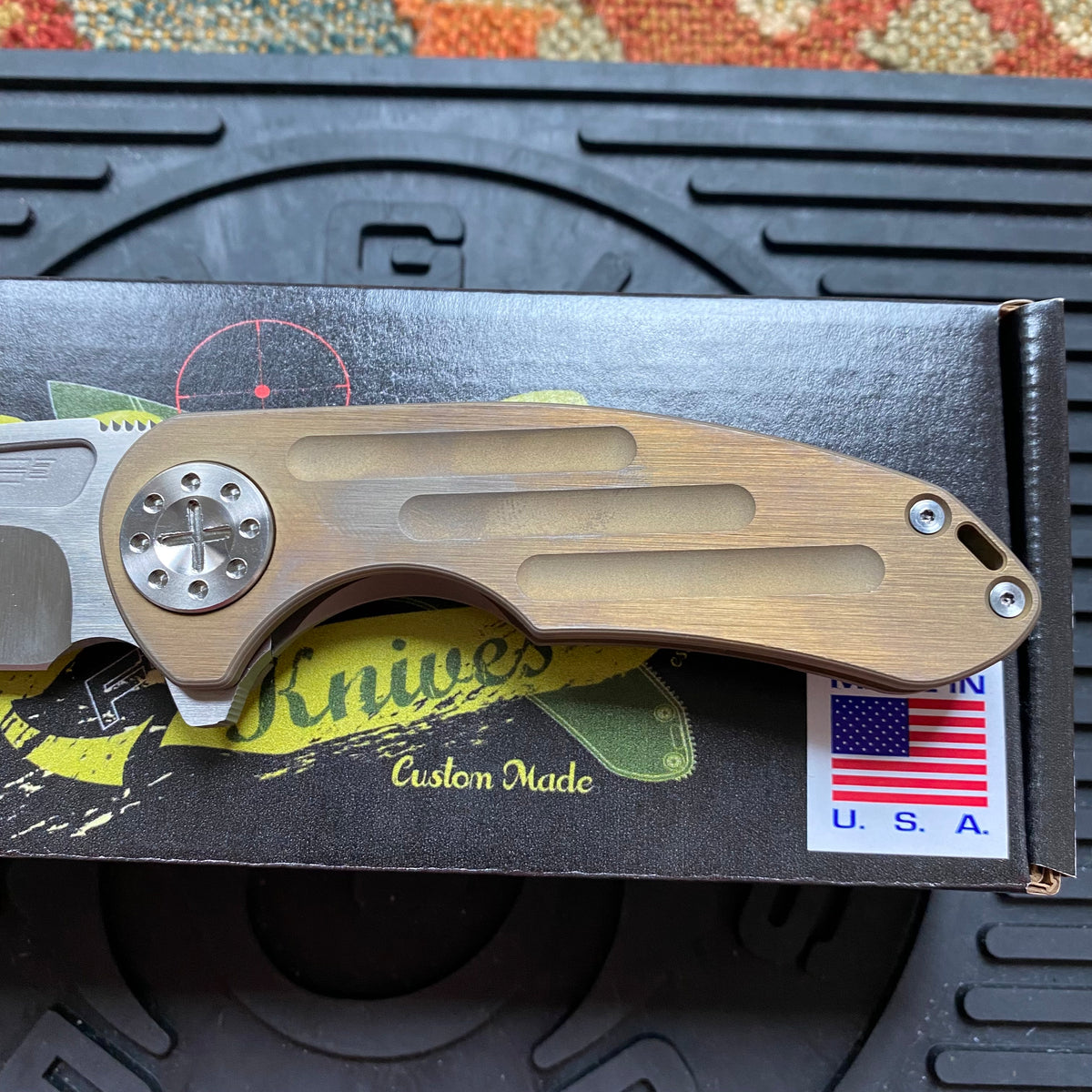 Curtiss Custom F3 Medium 3" Slicer Flipper, Bronze Titanium Ball-Mill, Stonewash Magnacut Folding Knife