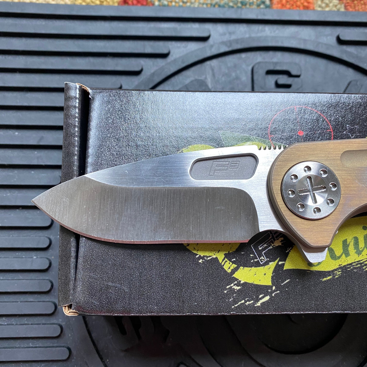 Curtiss Custom F3 Medium 3" Slicer Flipper, Bronze Titanium Ball-Mill, Stonewash Magnacut Folding Knife