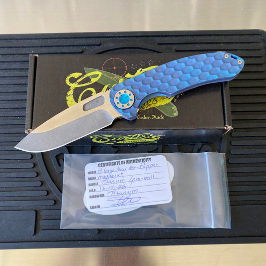 Curtiss Custom F3 Large 3.75" Slicer, Non-Flipper, Titanium Blue PM-Mill Handles, Blue Polished Hardware, Magnacut Knife