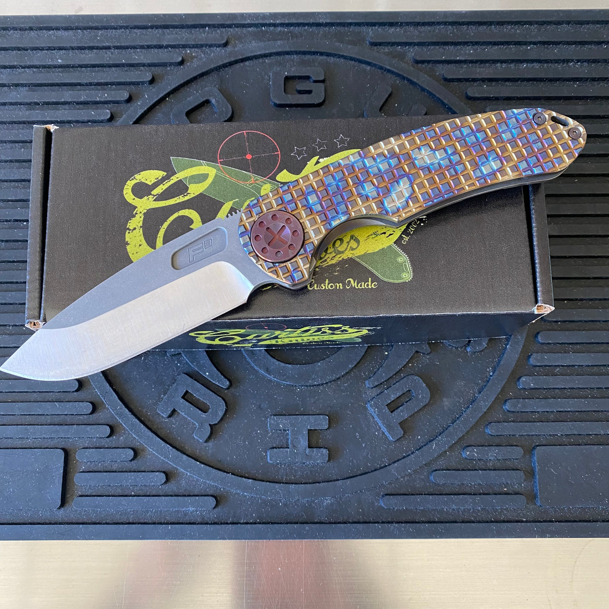 Curtiss Custom F3 Large 3.75" Slicer, Non-Flipper, Titanium Frag Mill Handles, Root Beer Hardware, Magnacut Knife