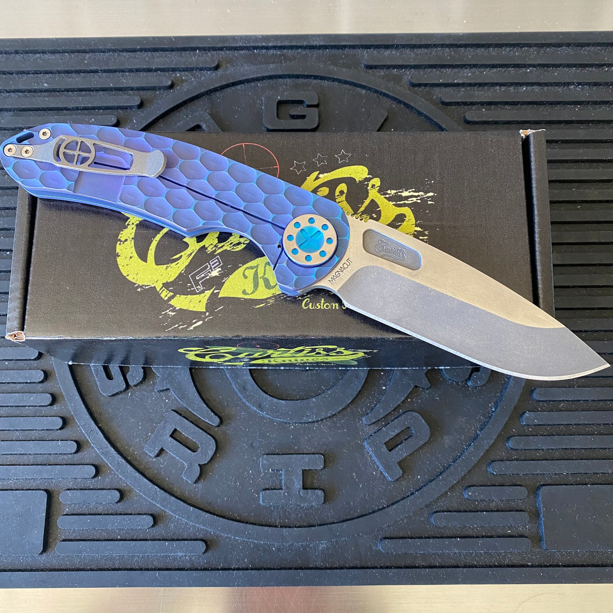 Curtiss Custom F3 Large 3.75" Slicer, Non-Flipper, Titanium Blue PM-Mill Handles, Blue Polished Hardware, Magnacut Knife
