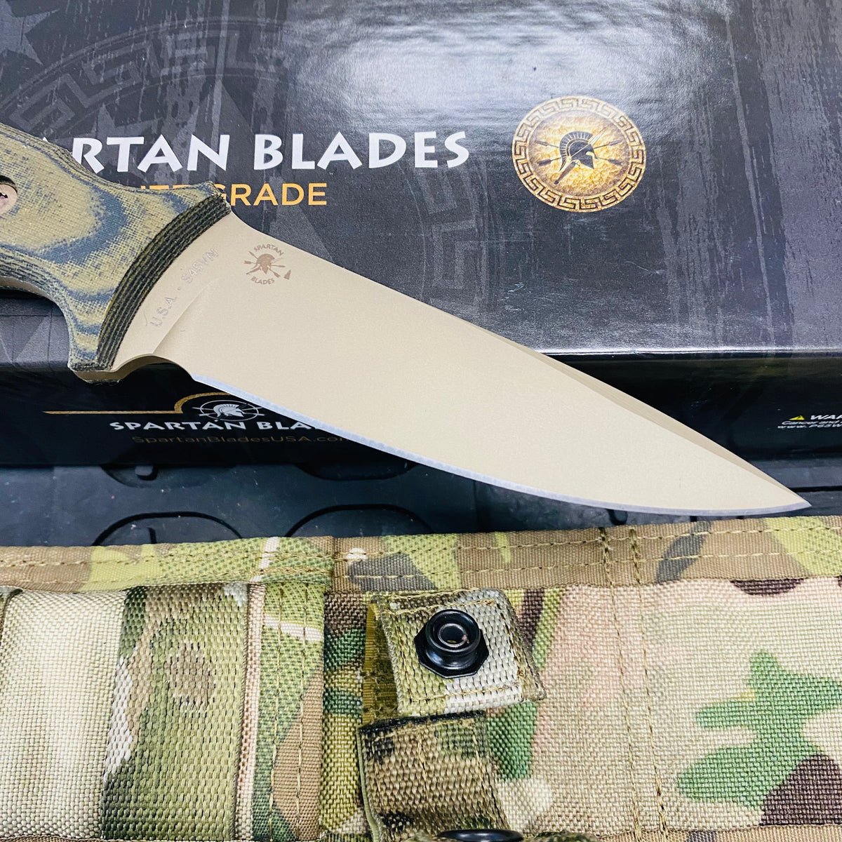 Spartan Blades Harsey Tactical Trout Flat Dark Earth Camo Handles 4.5" Fixed Blade Knife with Multicam Molle Sheath SB43DECMNLMC