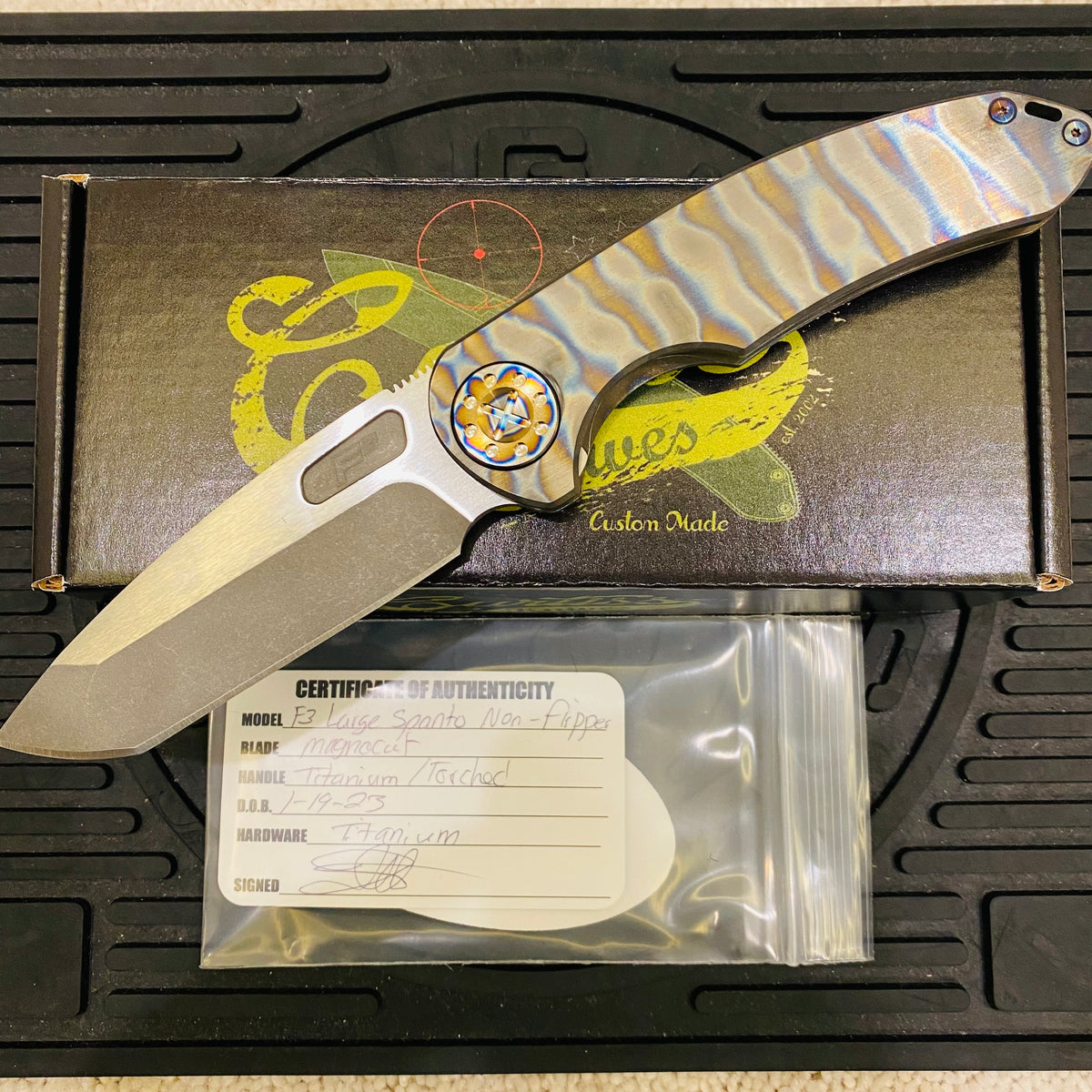 Curtiss Custom F3 Large 3.75" Spanto, Non-Flipper SLIM, Titanium Torched Handles, Torched Hardware, Magnacut Knife