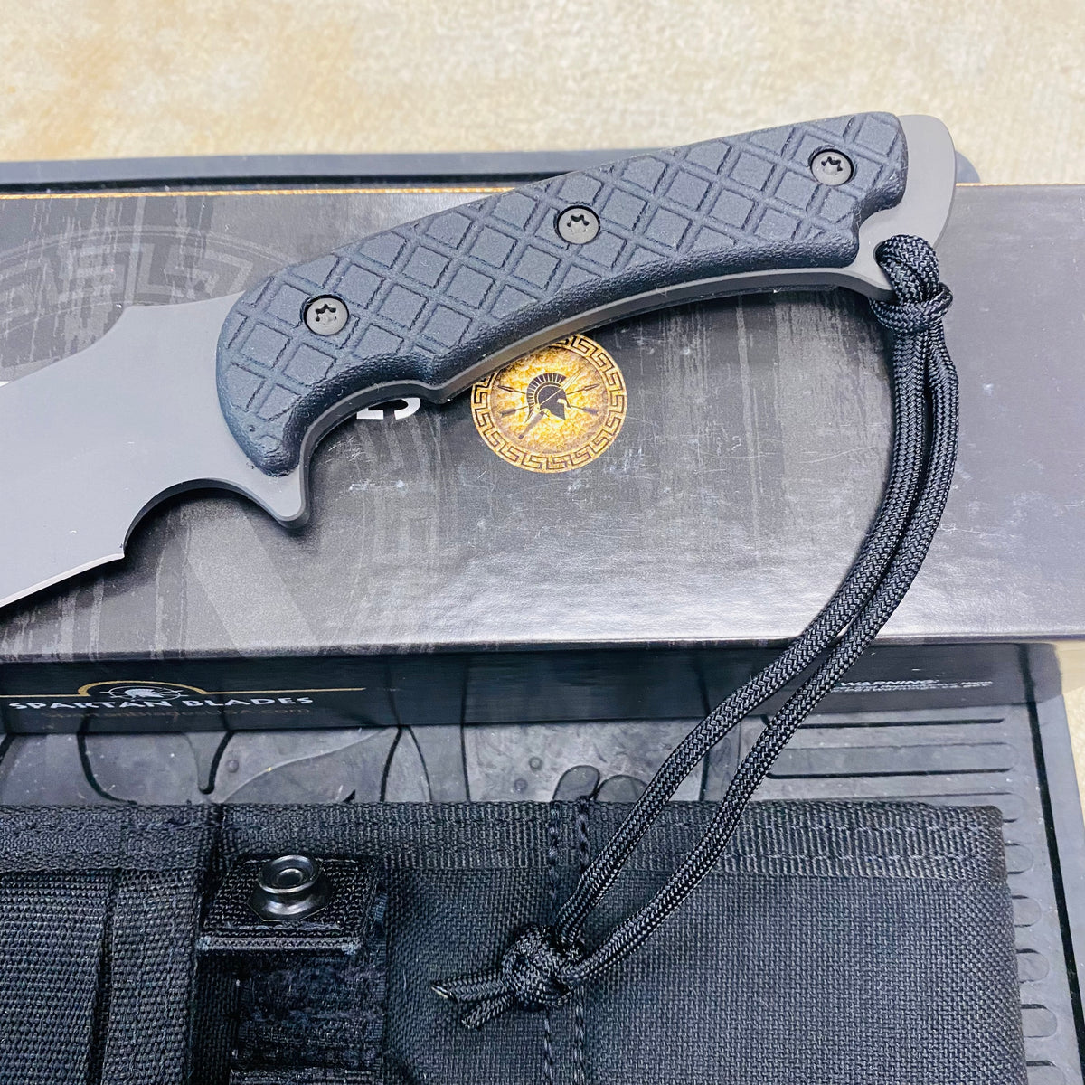 Spartan Blades Horkos Black 5.6" Fixed Blade Knife CE Canvas Micarta Black Handle with Black Molle Sheath SB4BKBKNLBK