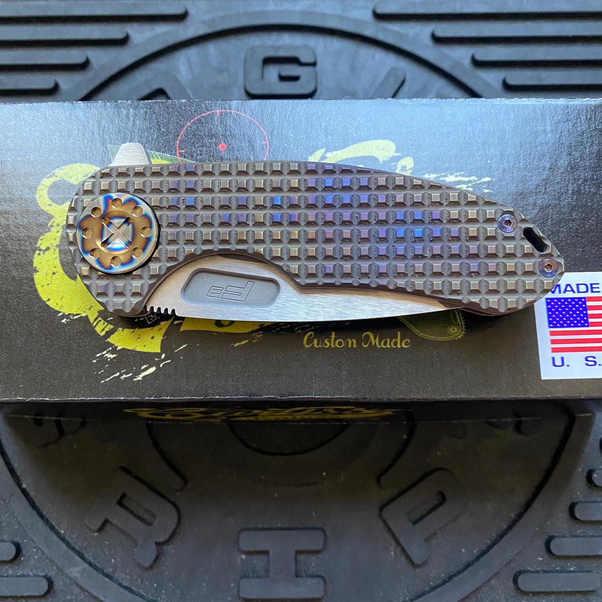 Curtiss Custom F3 Medium 3.25" Spanto Flipper, Frag-Mill Titanium Torched Handles, 2 Tone Magnacut, Torched Hardware Folding Knife