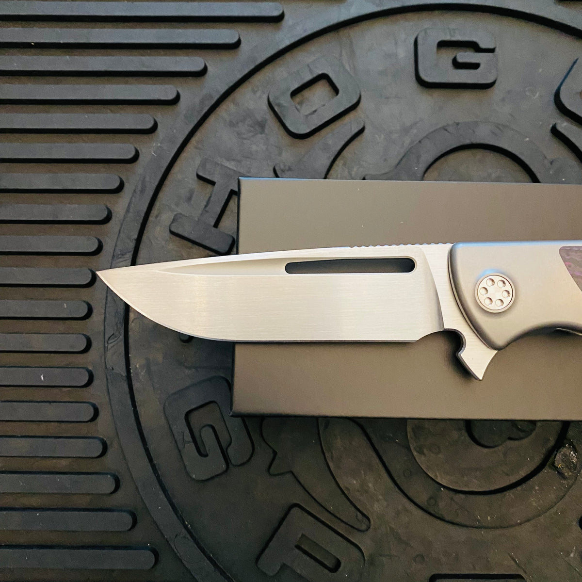 Sharp By Design Mini Evo Flipper 3.25" Satin Drop Point PURPLE HAZE FAT CARBON Inlay Knife