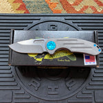Curtiss Custom F3 Medium 3" Slicer NON-Flipper, Titanium Ball-Mill Pattern Handles, Stonewash Magnacut, Blue Hardware Folding Knife