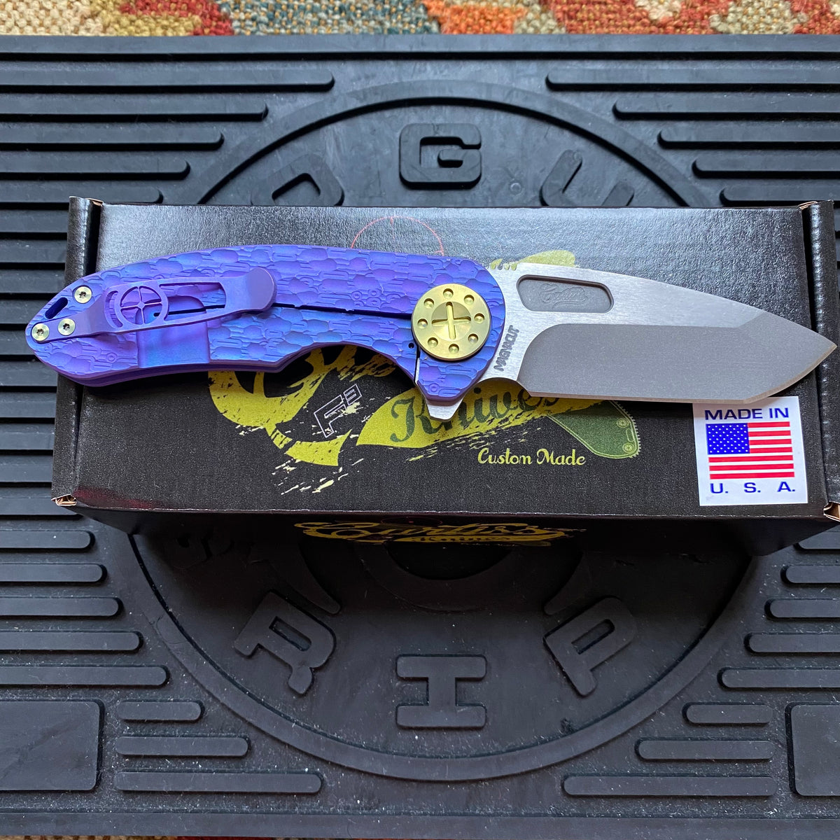 Curtiss Custom F3 Medium 3" Spanto Flipper, Purple Titanium FJ-Mill "Dragon Scale", Stonewash Magnacut, Yellow Titanium Hardware Folding Knife