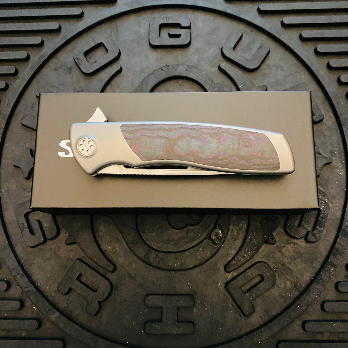 Sharp By Design Mini Evo Flipper 3.25" Satin Drop Point PURPLE HAZE FAT CARBON Inlay Knife