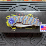 Curtiss Custom F3 Medium 3" Spanto NON-Flipper,Titanium Torched Tiger Striped Handles, Stonewash Magnacut Purple Hardware Folding Knife