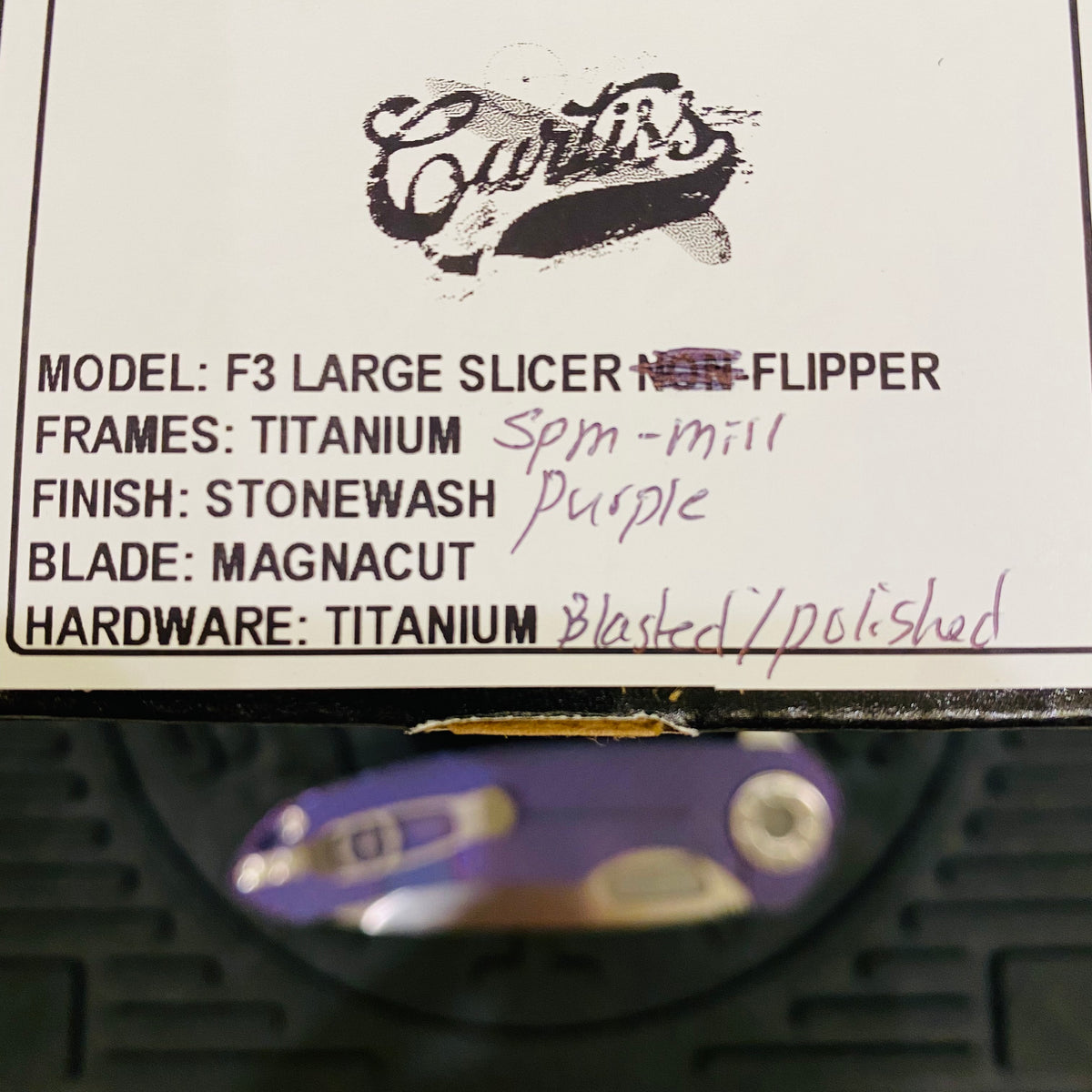 Curtiss Custom F3 Large 3.75" Slicer, Flipper, Titanium Purple SPM-Mill Handles, Blasted Polished Hardware, Magnacut Knife