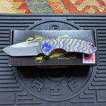 Curtiss Custom F3 Medium 3" Spanto NON-Flipper,Titanium Torched Tiger Striped Handles, Stonewash Magnacut Purple Hardware Folding Knife