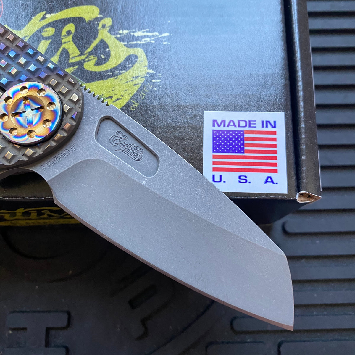 Curtiss Custom F3 Medium 3.25" Wharny Flipper, Frag-Mill Titanium Torched Handles, Blasted Magnacut, Torched Hardware Folding Knife