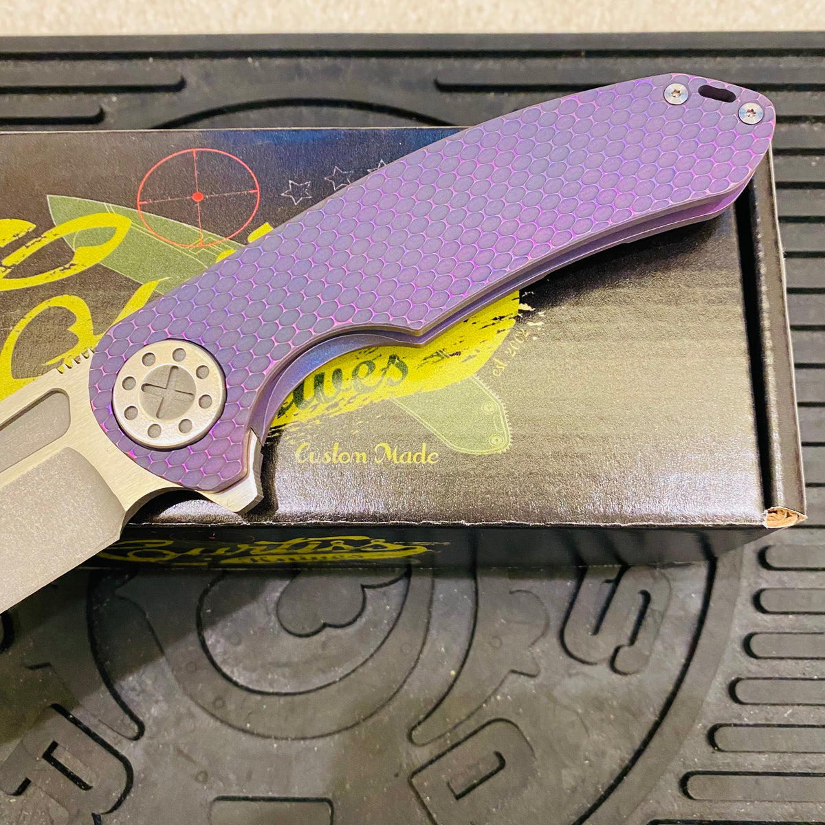 Curtiss Custom F3 Large 3.75" Slicer, Flipper, Titanium Purple SPM-Mill Handles, Blasted Polished Hardware, Magnacut Knife