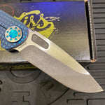Curtiss Custom F3 Large 3.75" Slicer, Non-Flipper, Titanium Blue Frag Mill Handles, Green Polished Hardware, Magnacut Knife